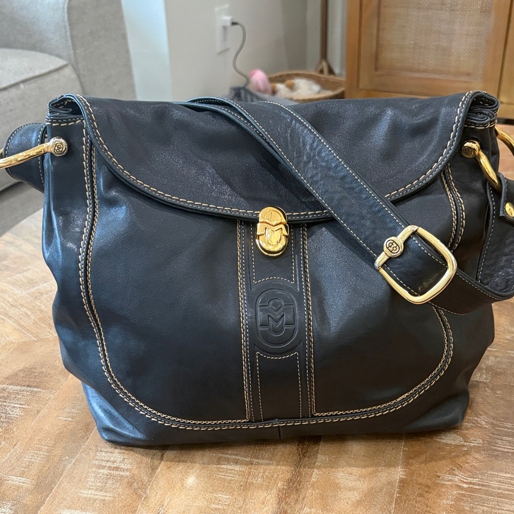 Marino Orlandi Black Leather Shoulder Bag with Gold Accents